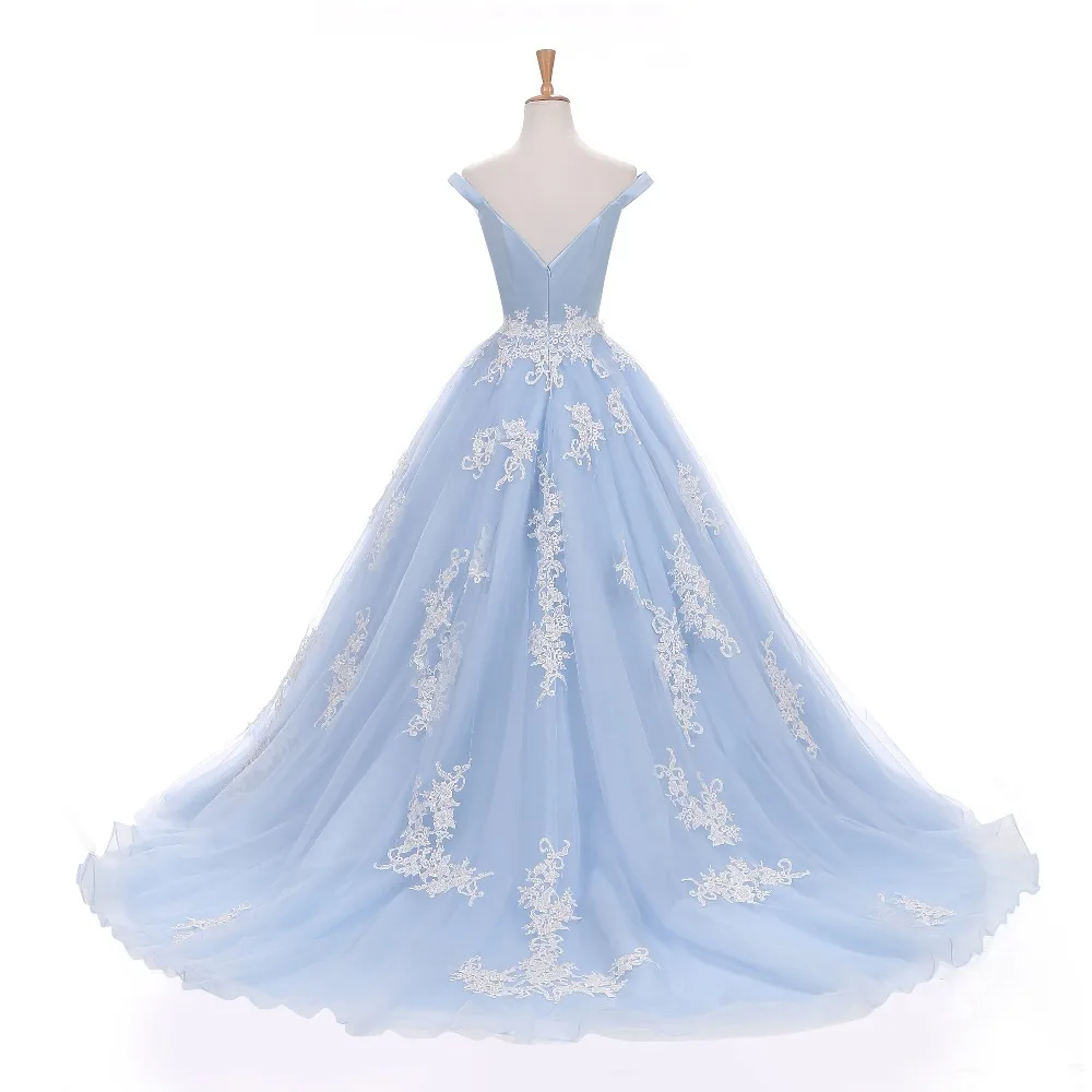 The Evening Dresses 2020 Tulle with Appliques Elegant Long Prom Party Dresses  Ball Gown Light Blue Robe De Soiree abendkleider