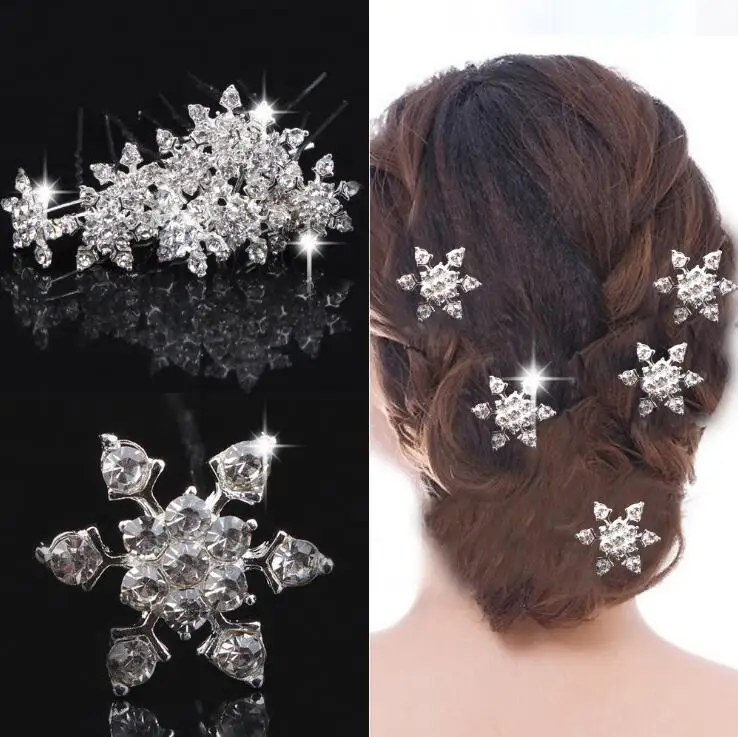 5 Pcs/ Lot Blue Snowflake Crystal U Pick Bridal Hair Pins Bridesmaid Wedding Jewelry Clips 2*70mm Hairpins Hair Accessories