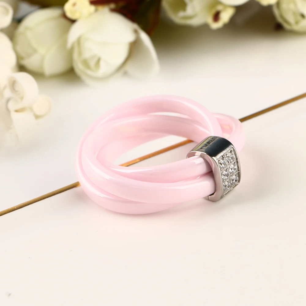 Romantic Pink 3 Cross Ceramic Ring Lady Accessories Pink Color Sex Zircon Cross Ring Stainless Steel Wedding Rings For Women