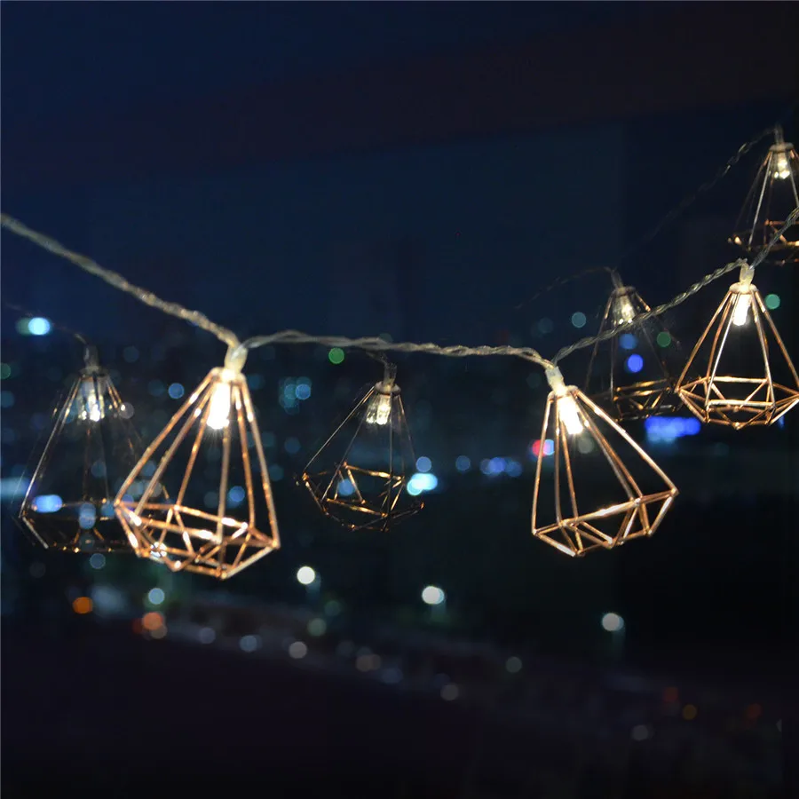 Retro Metal Fairy String Luzes LED, Bateria, USB, Lanterna De Diamante, Árvore De Natal, Decoração De Festa De Casamento, Lâmpada De Férias, 1.5m, 3m, 10 m, 20 LED