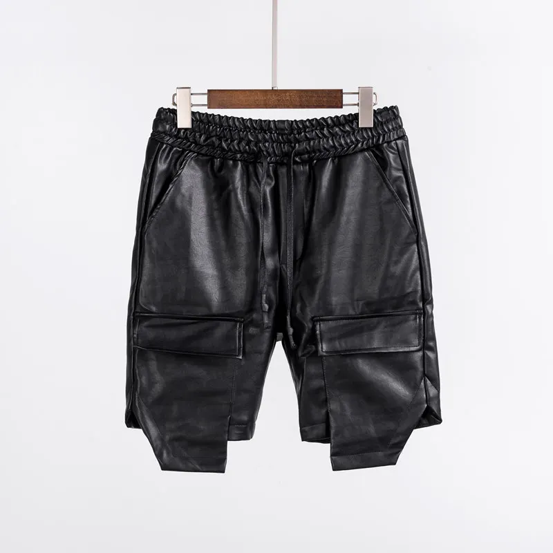 

Cool Sexy Soft PU Elastic Male Black Hip Hop Streetwear Leather Shorts For Men