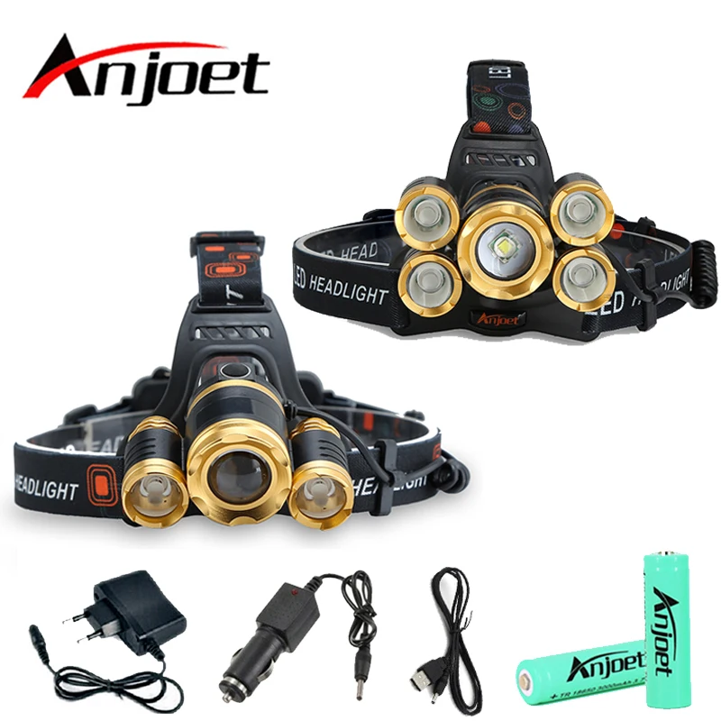 

Anjoet 15000 lumens rechargeable 5 Led T6+Q5 headlamp Zoomable head flashlight lamp waterproof Torch light camp vissen 18650