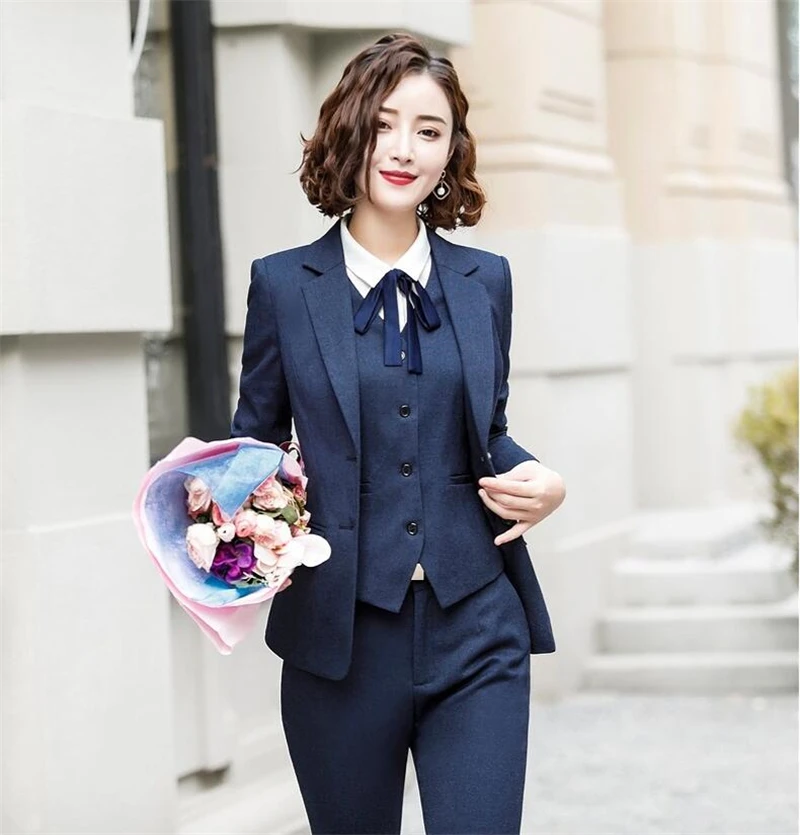 Formal Navy 3 Piece Sets Work Pant Suits OL Single Breasted Women Blazer Jacket & Zipper Trousers & Vest Suit For Women Set