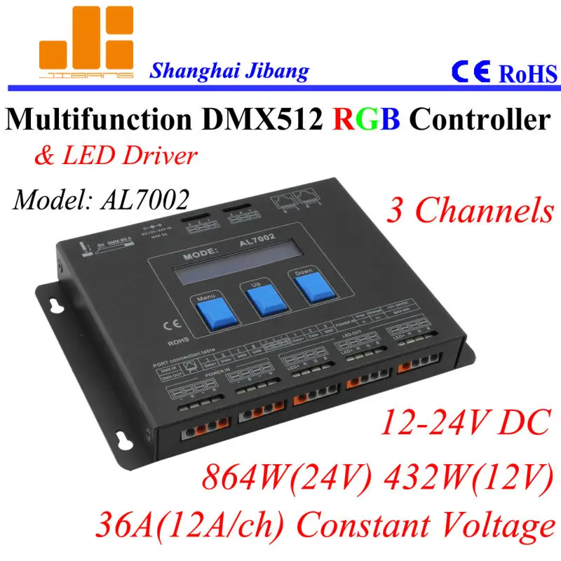 

Free shipping Multiple RGB Controler / DMX drivers / DMX master, 3 Channels/12V-24V/36A/864W pn:AL7002