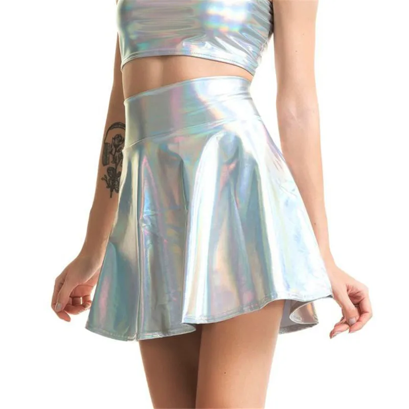 Bling Silver Holographic Women Strapless Tops Mini Skirts Two Piece Set Turtleneck Top Sexy Skirt 2 Pcs Set Summer Streetwear