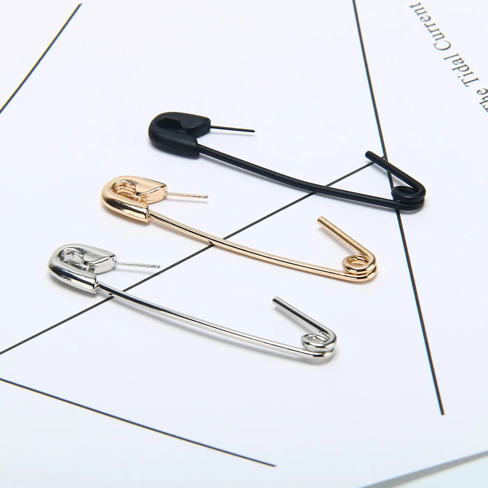 Punk Women Safety Pin Earrings Black Gold Silver Color Pin Crowd Ear Cuff Geometric Piercing Cartilage Exaggerate Earrings Studs