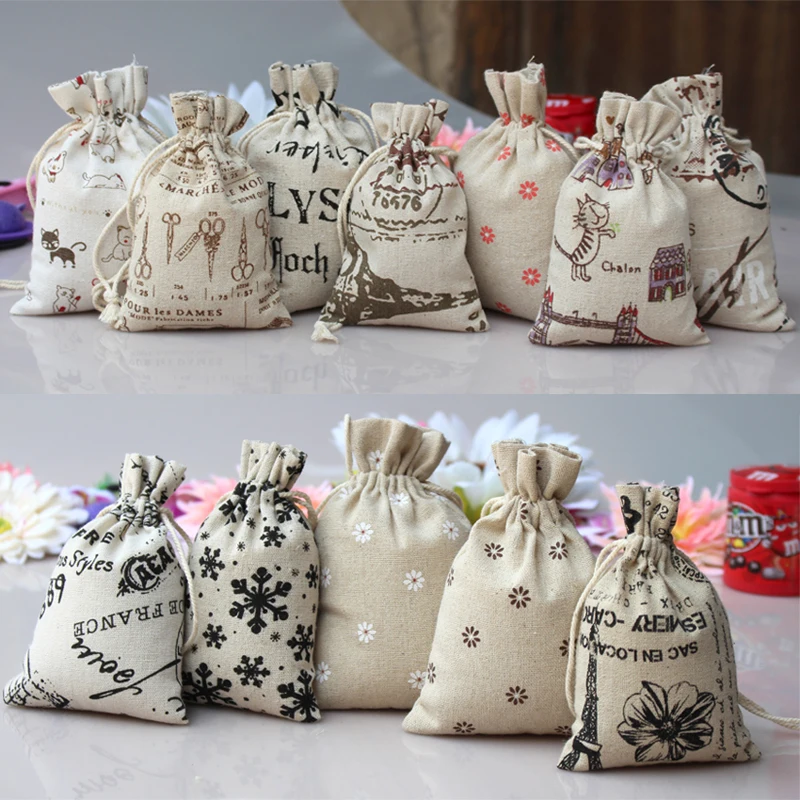 

Random colors 10X15cm linen cotton factory sale gift packing bags, cotton drawstring bags factory sale