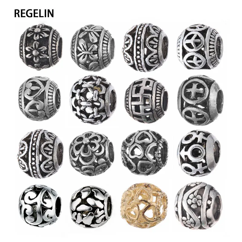 REGELIN Antique Silvercolor Round European  4.3mm Hole Big Hole Beads Spacer Bead for DIY Jewelry Making Charms Bracelet Finding