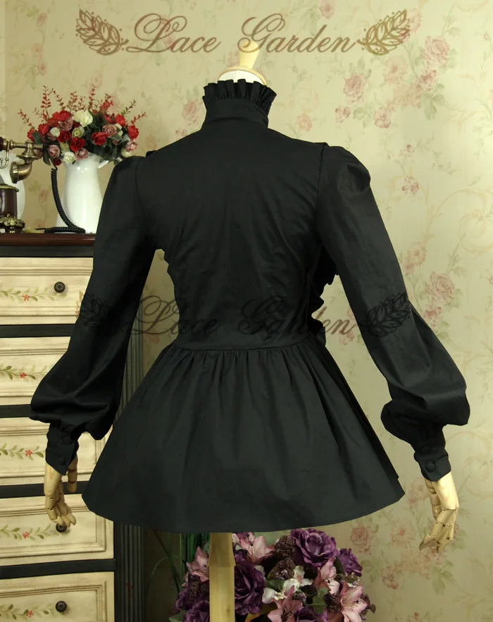 Lace Garden Branded Vintage Cascading Ruffles Women\'s Lantern Sleeve Black Lolita Blouse with Bow