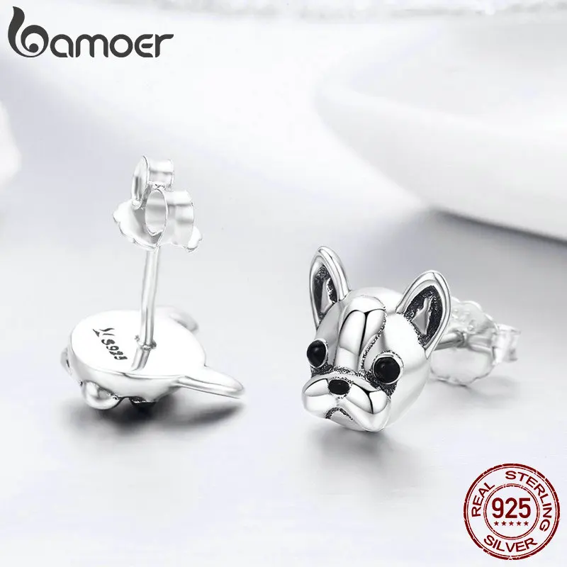 BAMOER 100% 925 Sterling Silver Loyal Partners French Bulldog Dog Animal Small Stud Earrings for Women Oorbellen Jewelry SCE283