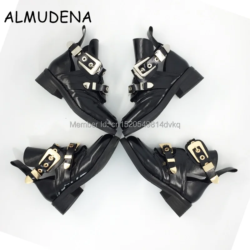 hot cut-out leather ankle boots gold-tone metal hardware boot punk shoes classic Biker boots round toe women motorcycle boots