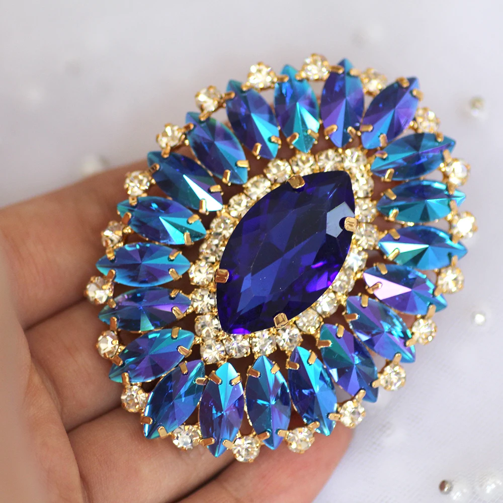 Oval shape Blue Rhinestone applique gold base red green sew on rhinestone strass crystal for Garments party dress decoration