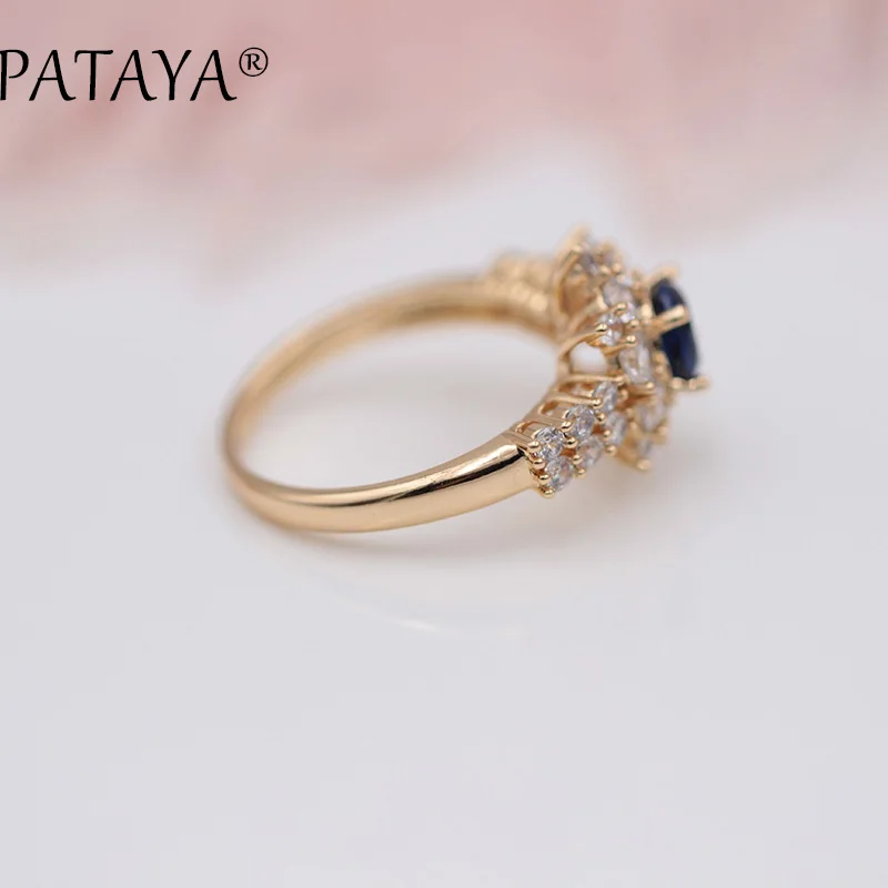 PATAYA New Original Design Blue Sunflower Round Natural Zircon  Earrings Rings Sets 585 Rose Gold Color Women Wedding Jewelry