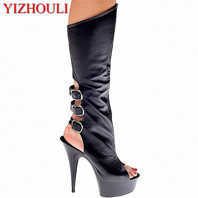 15cm high heel boots in the summer of sexy open-toed shoes women's leather knee high boots platform shoes