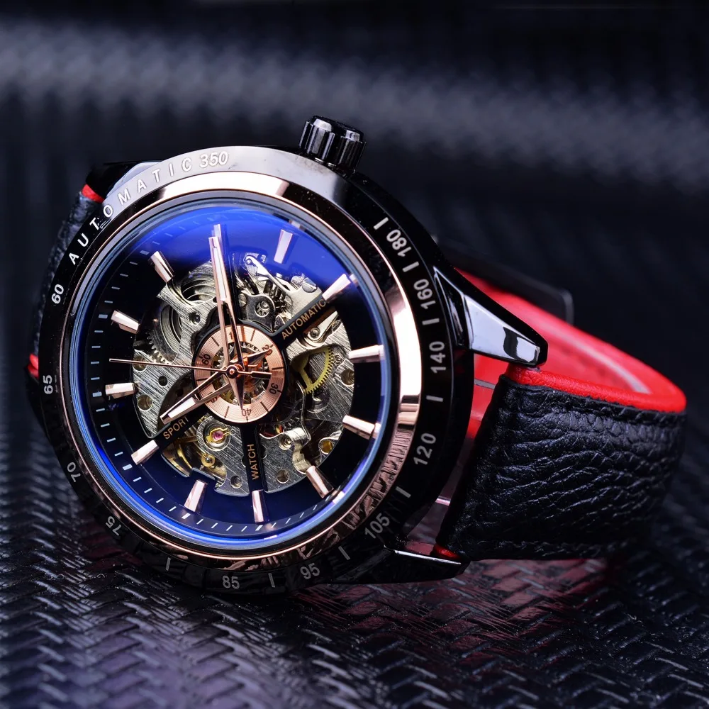 Forsining Watch + Bracelet Set Combination Motorcycle Transparent Genuine Red Black Strap Skeleton Male Automatic Watches Clock