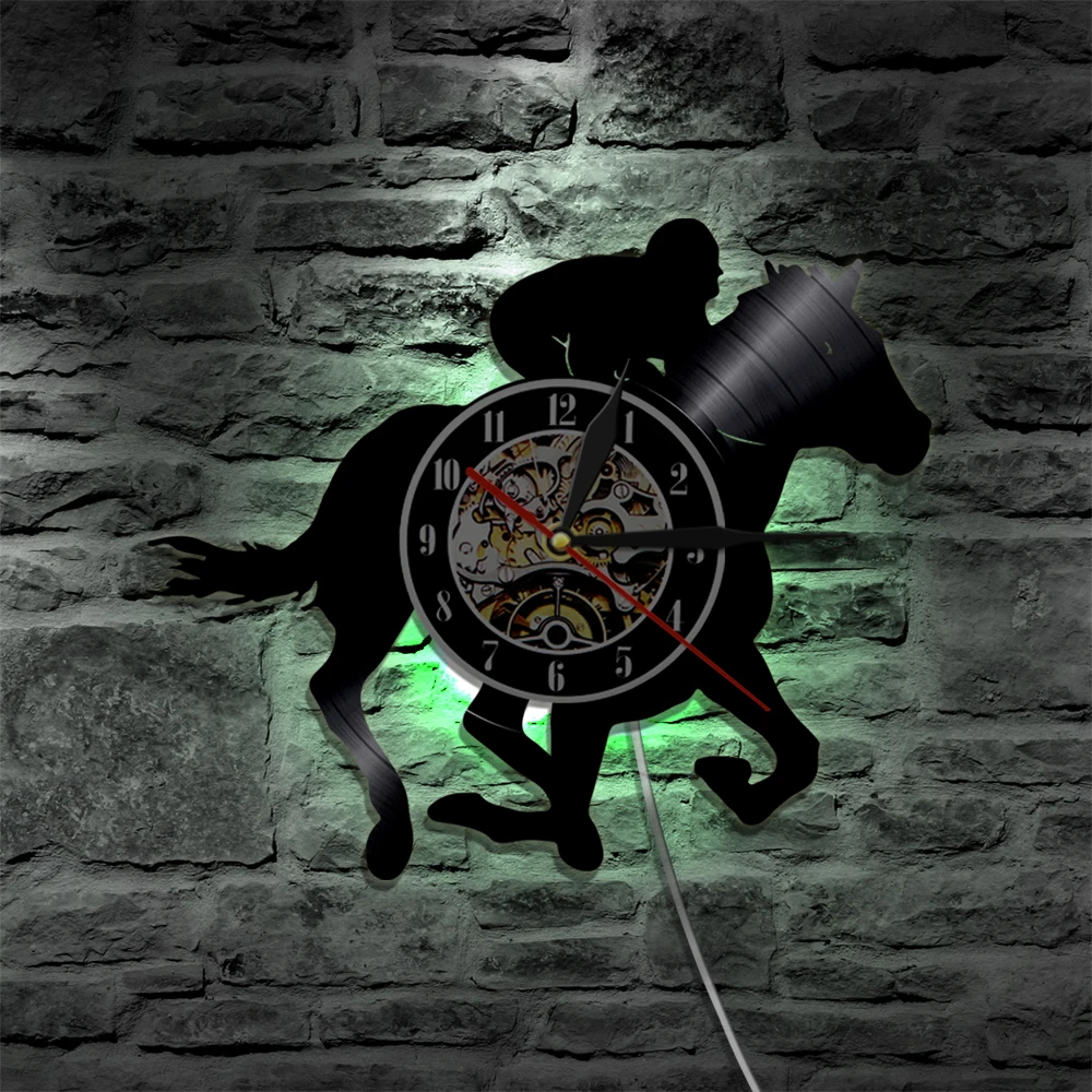 Riding Horse Equestrian Silhouette LED Backlight Modern Wall Light Horse Racing Vinyl Record Wall Clock Color Changing