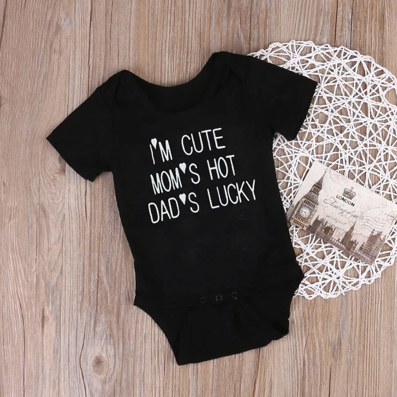 

Newborn Onesie I'm Cute Mom'S Hot Dad'S Lucky Letter Print Black Short Sleeve Cotton Baby Bodysuits Unisex Baby Clothing