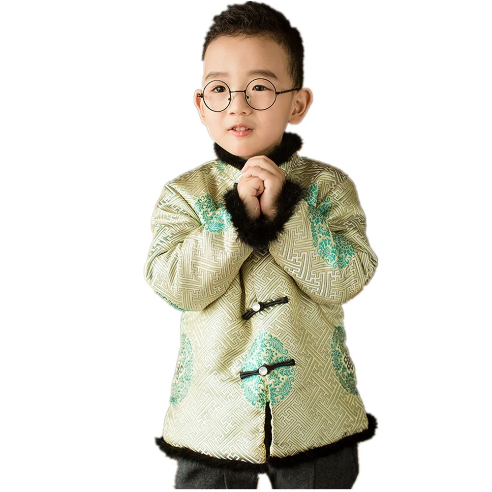 

Yellow Chinese Traditional Tang Costume Baby Boys Coats Kids Blouses Quilted Children Outfit Outerwear Tops China Dress Festival