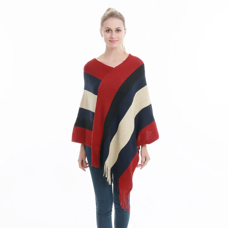 Pull Poncho épais pour femme, tricot, écharpe, manches chauve-souris, rayé, sans manches, grande taille, collection automne et hiver