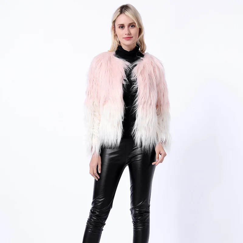 Women Jacket Faux Fur Coats Jackets  Sexy Fluffy Graudated Tint Cropped Jacket O-Neck Full Faux Fur Open Stitch Overcoat Female