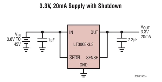 LT3008 LT3008ETS8 LT3008ITS8 - 3uA IQ, 20mA, 45V ตัวควบคุมเชิงเส้นแบบคร่อมต่ํา