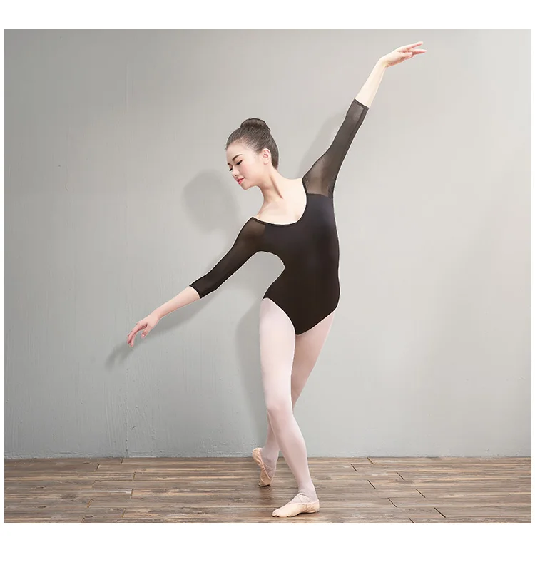 Ballett-Trikots für Damen, Erwachsene, mit Mesh-Einsätzen, 3/4-Ärmel, Tanz-Bodysuit, schwarze Gymnastik-Trikots, Baumwoll-Spandex-Ballett-Bodysuits – Detail 6