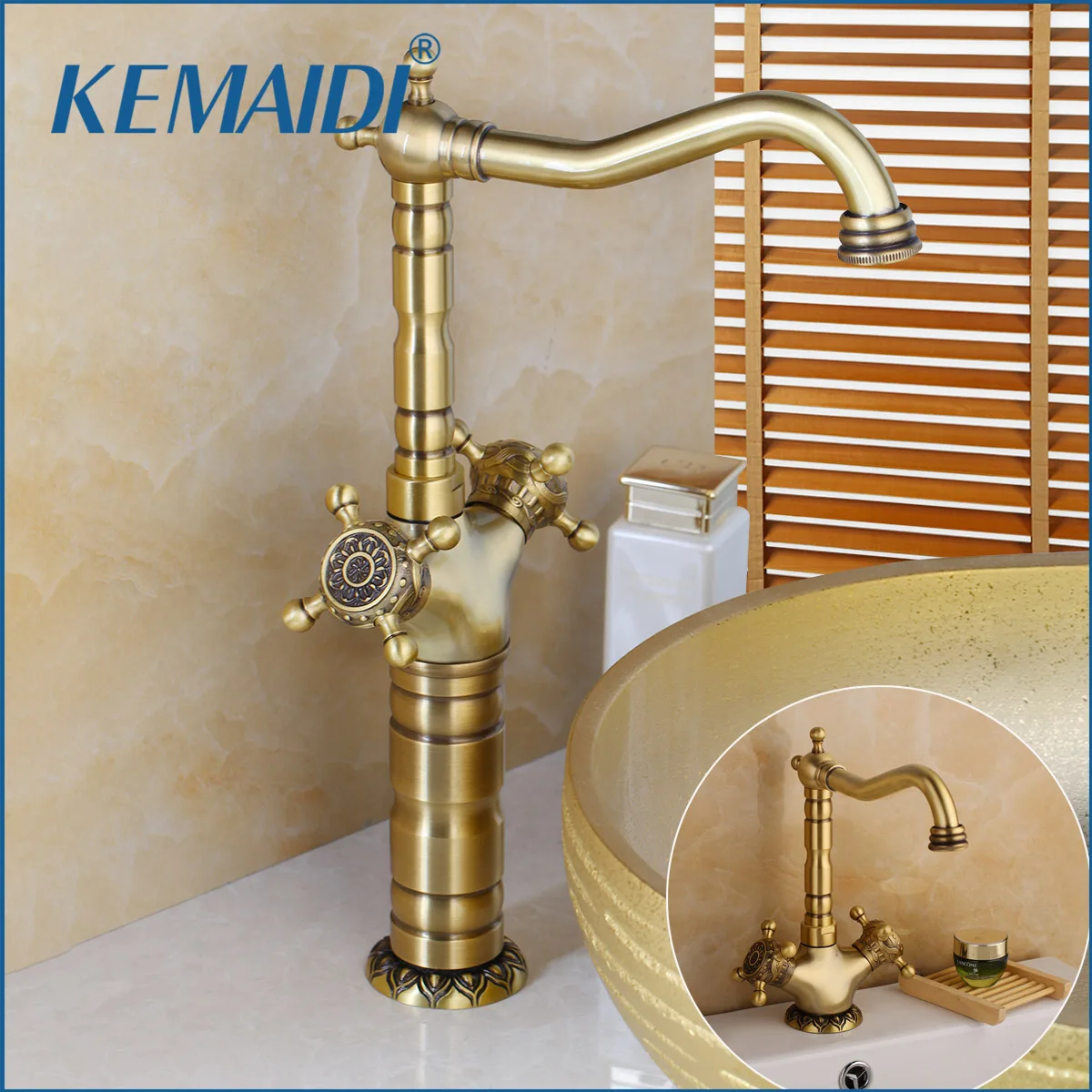 KEMAIDI Elegant Antique Brass Bathroom Sink Faucets Long&Short 360 Swivel Mixer Taps Vanity Brass Faucet  Mixer Tap Faucets