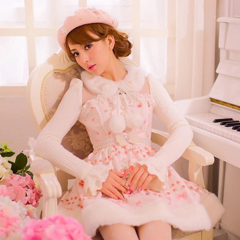 Princess sweet lolita dress Candy rain original Japanese style new winter wool collar Plush ball  beautiful dress C22CD7222