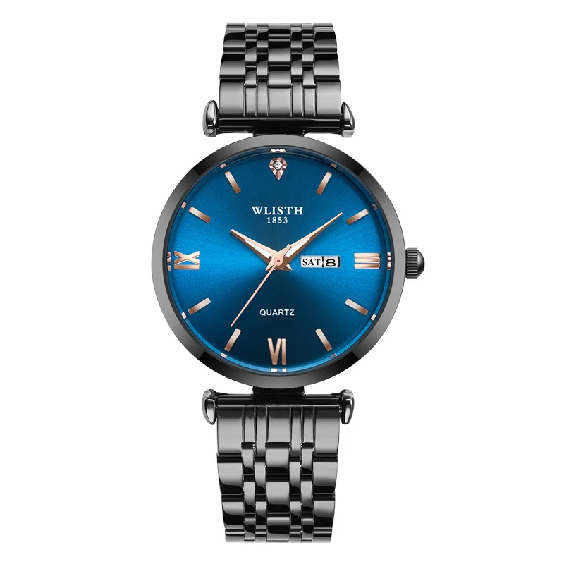 Reloj de pulsera de cuarzo para hombre y mujer, cronógrafo de acero negro y azul, de negocios, de alta calidad, a la moda, par de horas