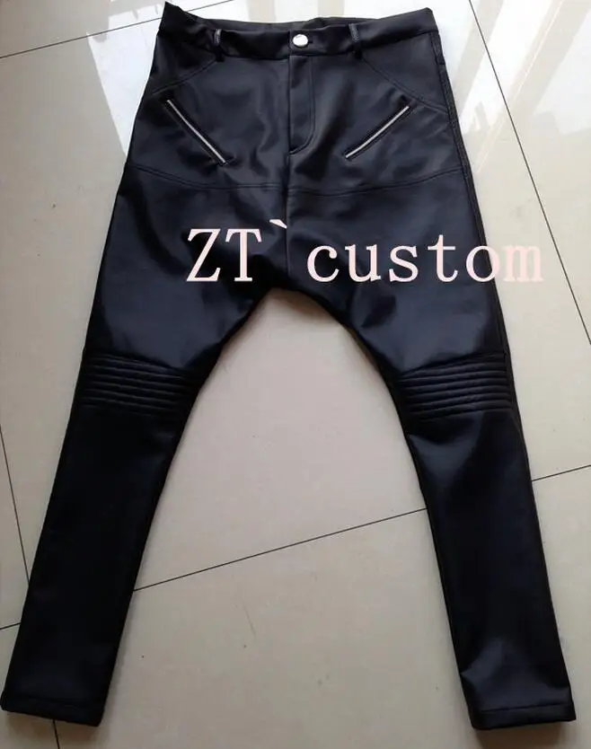 27-44 JustinBieber 2024 Men Clothing Multi-pocket Leather Harem Pants Trousers Drop Crotch Pants Plus Size Stage Singer Costumes