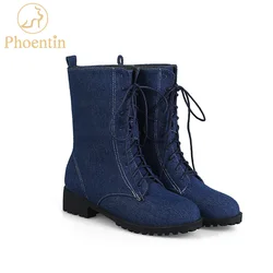 Phoentin ladies lace-up denim mid-calf boots med flat with heel blue short women's winter boots jeans adhesive women shoes FT155