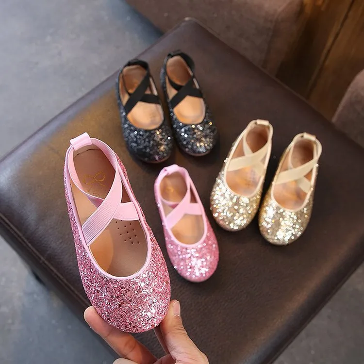 Ballerine per ragazze Scarpe da ballo per bambini Scarpe da sposa per ragazze Glitter Bambini Scarpe da principessa dorate Scarpe da performance Scarpe in pelle per bambini