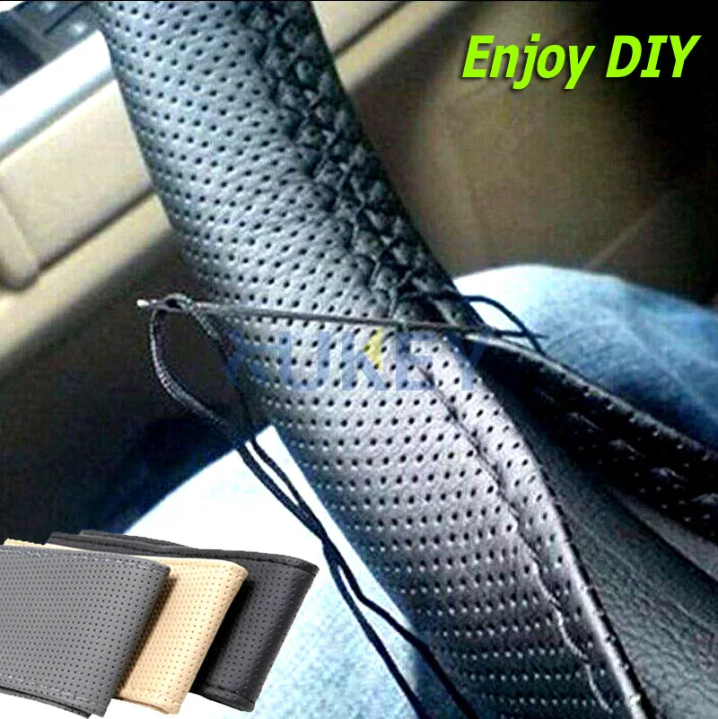 El dikiş DIY siyah araba direksiyon kılıfı PU deri İğneler ve konu Van Ford Focus 2 için 3 Kia Rio hyundai Solaris