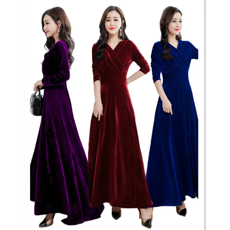 TIYIHAILEY Women's Stretch Velvet Maxi Dress, Long Draped Dresses, V-Neck, Plus Size, S-3XL, Spring, Autumn, New Fashion