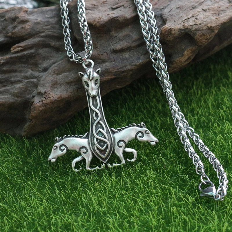 

10pcs wholesale norse double horse pendant Viking dragon rune necklace men necklace jewelry