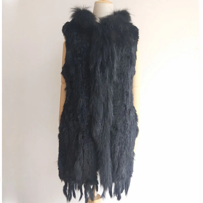 Long Real Rabbit Fur Vest With Hood Natrual Knitted Fur Vests Women Fashion Autumn Sleeveless Real Fur Gilet With Tassel Female