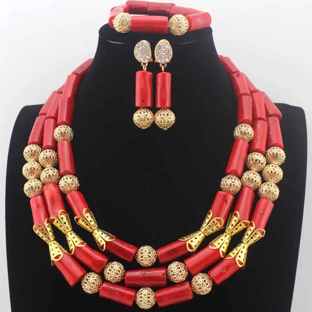 

Luxury Red African Wedding Coral Bridal Beads Statement Necklace Set 24K earrings Tube Beads Coral Jewelry Free Ship W13717