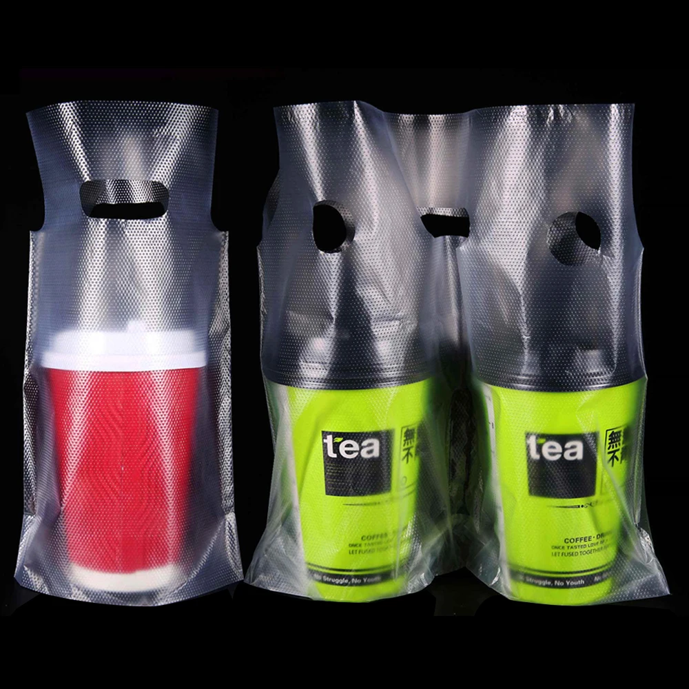 100Pcs/Lot Beverage Packaging Bag Clear Plastic Carrier Bag Pack Pouches with Two Type of Style for One Cup / Two Cups Bags