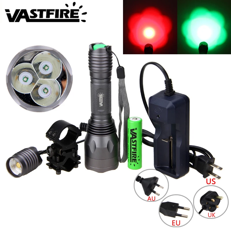 

VASTFIRE 10000Lm Tactical Hunting Light LED Green/Red Flashlight Linternas+Pressure Switch+18650 Battery+Rifle Mount+ Charger