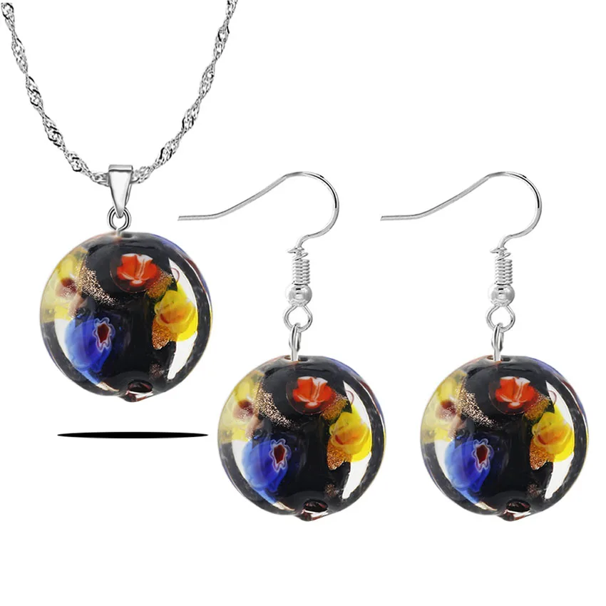 QianBei Murano Lampwork Glass Flowers Beauty Charms Necklace+Earrings For Women gift