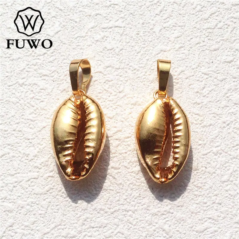 FUWO 24k Gold Dipped Real Natural Cowrie Shell Pendant Lovely Golden Plated Money Shell Jewelry Supplies Wholesale PD541