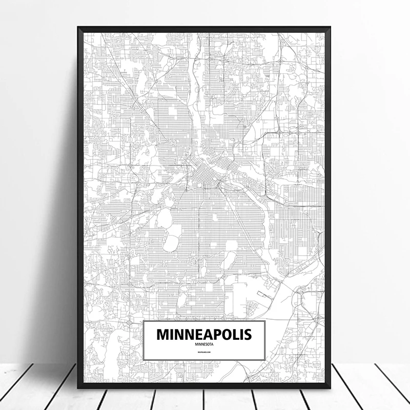 

Minneapolis, Minnesota, United States Black White Custom World City Map Poster Canvas Print Nordic Style Wall Art Home Decor