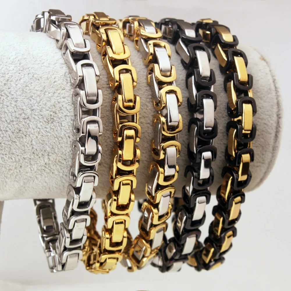 Pulseira de corrente bizantina em aço inoxidável para homens, jóias largas, prata e ouro, pulseiras de casamento, 5mm, 7 em 11 pol.