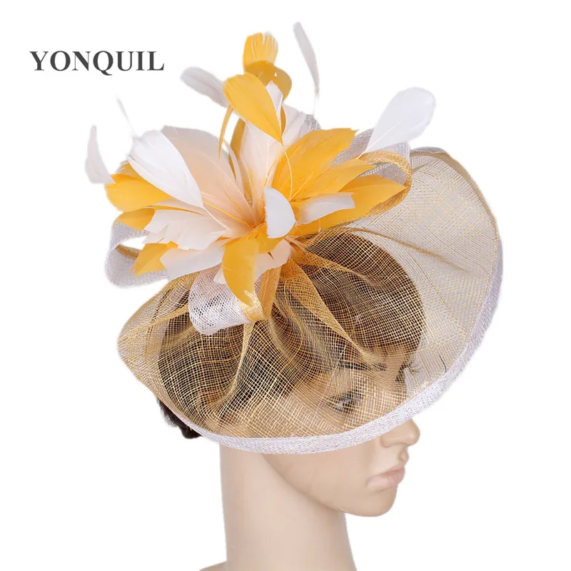 Elegante Sinamay Fascinator Hüte mit Feder blume Sinamay Trims Cocktail und Race Hüte Hochzeit Braut Kopf bedeckung mehrere Farben – Detail 18