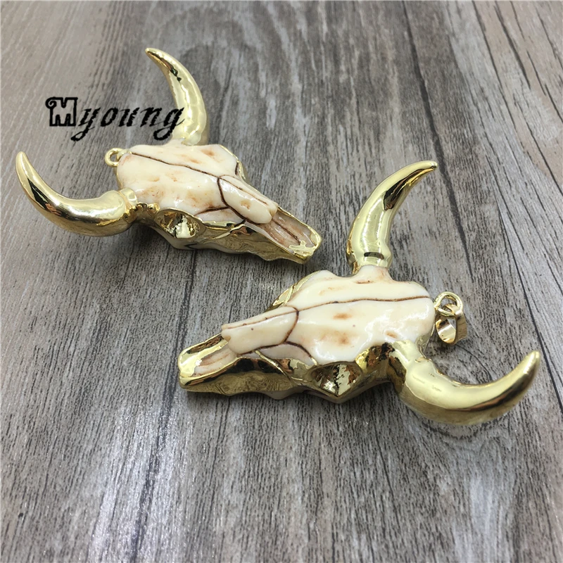 Buffalo Cattle Skull Pendant With Gold Electroplated Trim, Long Horn Cattle Skull Charm Pendant For Jewelry 45*23 mm MY1498