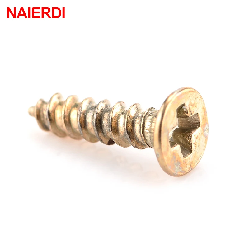 100PCS NAIERDI 2x6/8/10mm Screws Nuts Golden M2 Flat Round Head Fit Hinges Countersunk Self-Tapping Screws Wood Hardware Tool