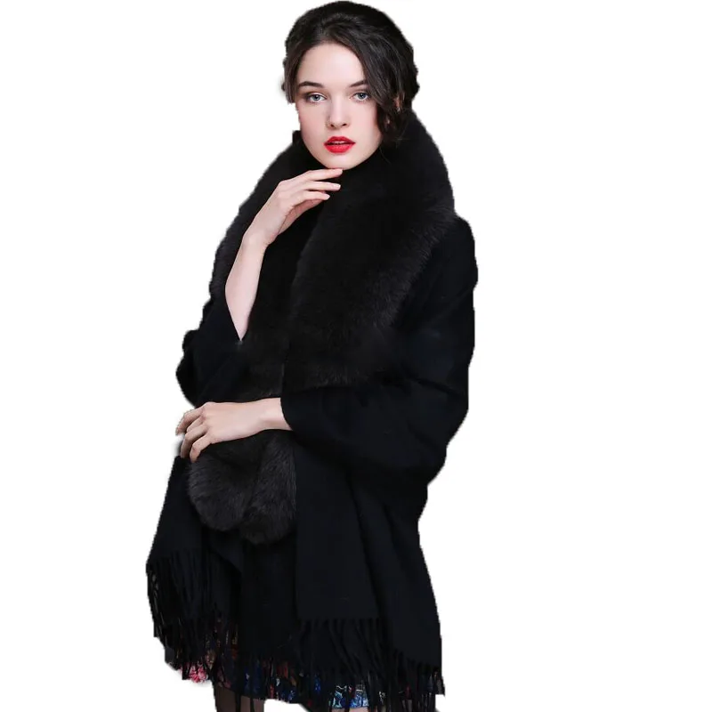 Shawl Women 100% Real Wool 100% Real Fur Cape Fox Fur Wraps Female Scarf Coat Lady Elegant Cloak