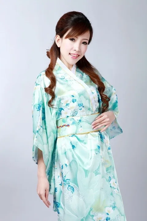 Fashion Light Blue Japanese Women's Silk Satin Kimono Yukata Evening Dress Flower One Size H0047