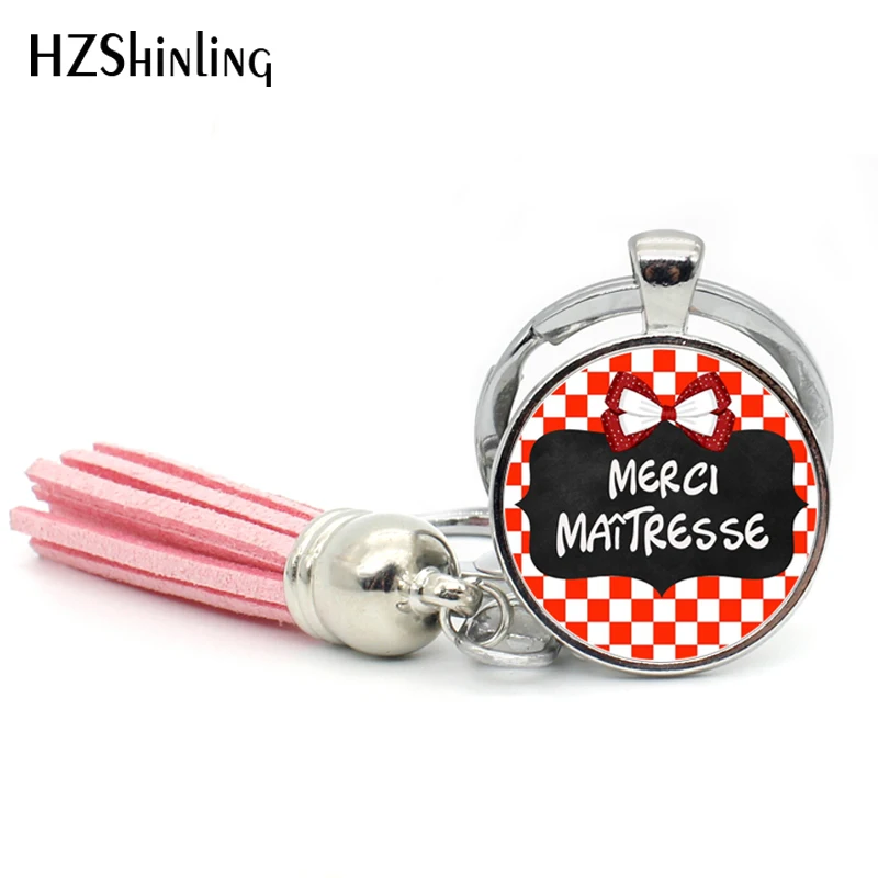 2017 Fashion Merci Maitresse Tassel Key Chain Bohemian Jewelry Quote Keyring Glass Cabochon Keychain Handmade Keychains