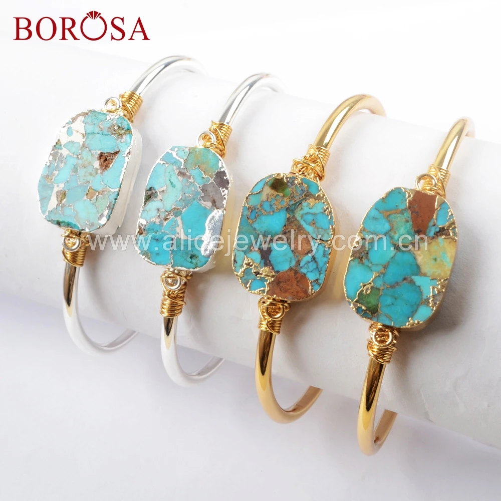 

BOROSA 5PCS New Gold/Silver Color Wire Wrapped Natural Copper Turquoises Bangle Natural Blue Stone Bangle Jewelry G1660 S1660